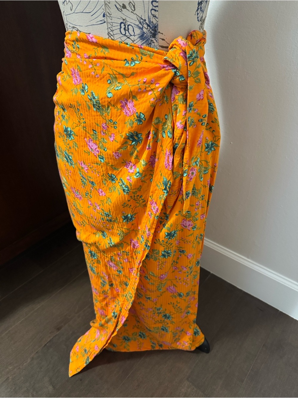 Anthropologie Bright Orange Floral Maxi Skirt with Pink & Green Print